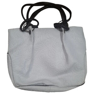 Pigi white floral embossed faux leather dark brown strap tote bag purse Shopper